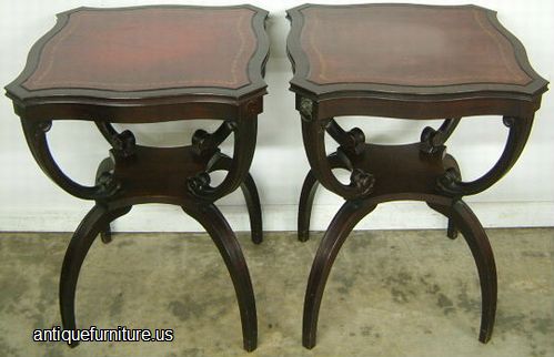 Antique Pair Mahogany Leather Top Lamp Tables
