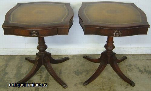 Antique Pair Mahogany Leather Top Lamp Tables