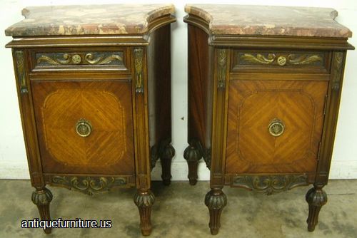 Antique Pair Ornate French Marble Top Night Stand