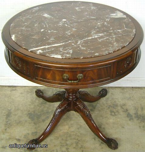 Antique Flame Mahogany Marble Top Drum Table