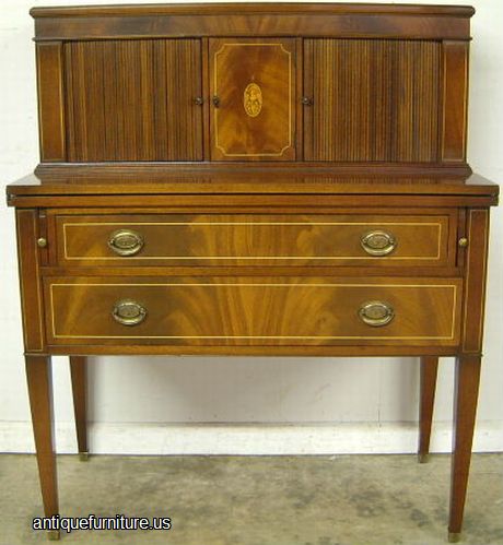 Antique Inlaid Flame Mahogany Tambour Desk