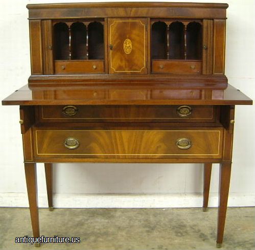 Antique Inlaid Flame Mahogany Tambour Desk