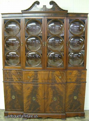 Antique Flame Mahogany Bubble Glass Breakfront