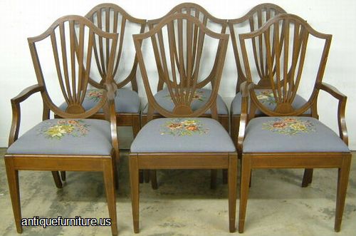 Antique Set Mahogany Inlaid Needlepoint Dining Chairs