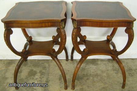 Antique Pair Mahogany Leather Top Lamp Tables