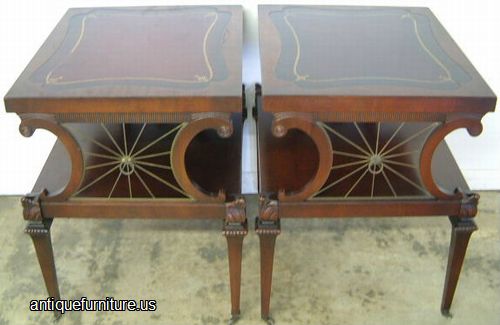 Antique Pair Mahogany Leather Top Lamp Tables