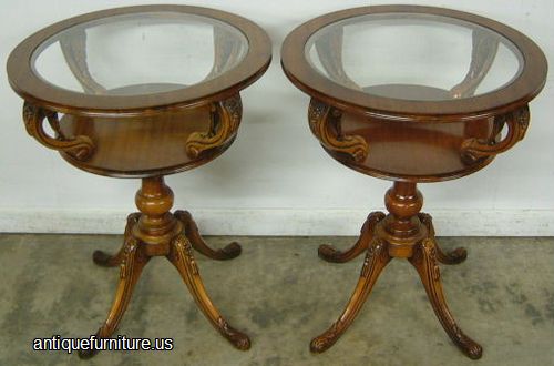 Antique Pair Ornate Mahogany Lamp Tables