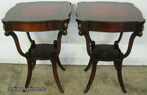 Antique Pair Mahogany Leater Top Lamp Tables