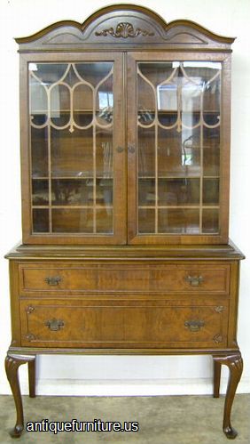 Antique French Style Burl Walnut China Cabinet
