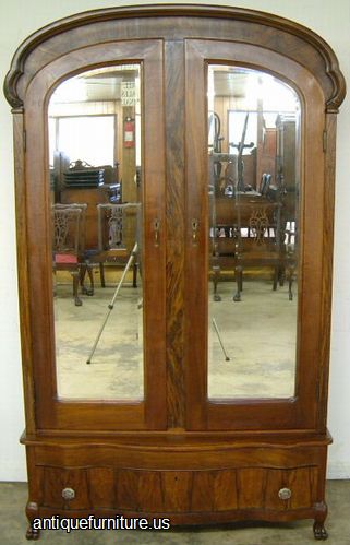Antique Circassian Walnut Double Mirrored Door Dome Top Armoire