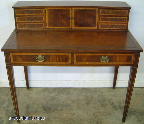 Antique Inlaid Flame Mahogany Leather Top Ladies Desk