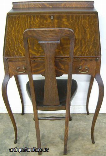 Antique Ladies Oak Drop Front Desk With Chair