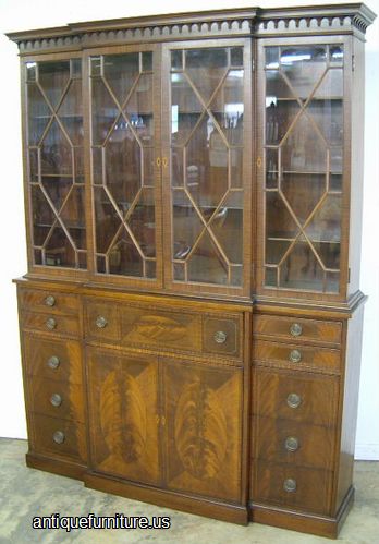 Antique Maddox Flame Mahogany Flat Glass Breakfront With Desk