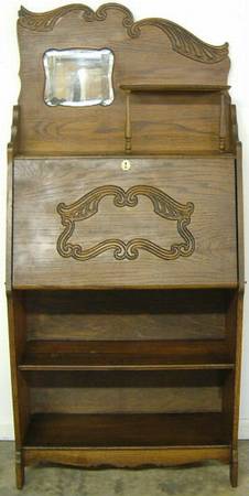 Antique Oak Drop Front Desk With Mirror