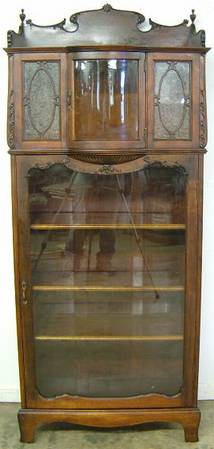 Antique Ornate Mahogany Bookcase With Bowed Glass Upper Door