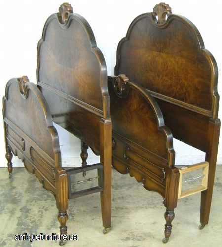 Antique Pair Burl Walnut Twin Beds