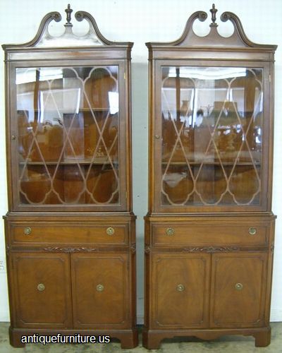 Antique Pair Mahogany Corner China Cabinets