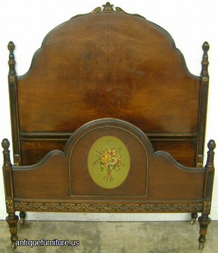 Antique Burl Walnut Paint Decorated Twin Bed