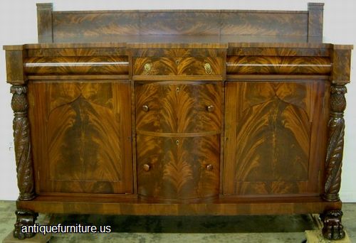Antique Empire Acanthus Carved Flame Mahogany Paw Foot Sideboard