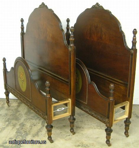 Antique Pair Burl Walnut Paint Decorated Twin Beds