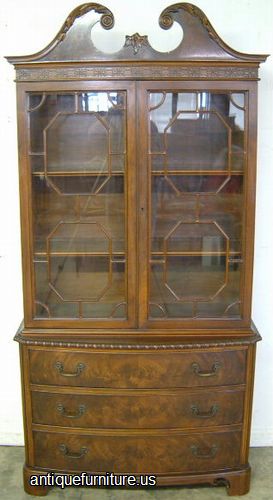 Antique Burl Walnut Flat Glass China Cabinet