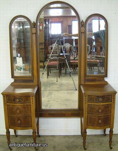 Antique Burl Walnut Paint Decorated Bat Wing Vanity