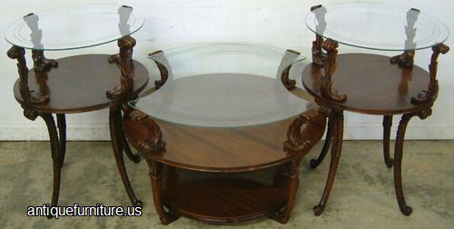 Antique Pair Of Glass Top Lamp Tables With Matching Coffee Table