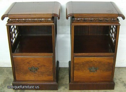 Antique Pair Ornate Flame Mahogany Nightstands