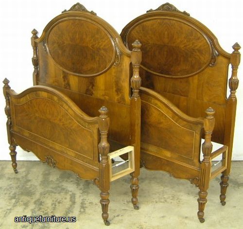 Antique Pair Burl Walnut Twin Beds